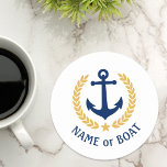 Your Boat Name Anchor Gold Laurel Star White Round Paper Coaster<br><div class="desc">A nautical themed,  personalised set of round paper coasters with your boat name,  family name or other desired text as needed. Featuring a custom designed vintage boat anchor,  gold style laurel leaves and star emblem on white or easily adjust the primary colour to match your current theme.</div>