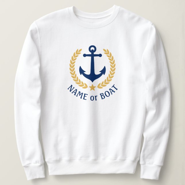 Your Boat Name Anchor Gold Laurel Star White Sweatshirt (Design Front)