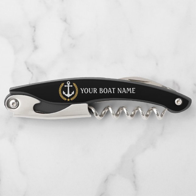 Your Boat Name Anchor Gold Style Laurel Black Corkscrew (Front)