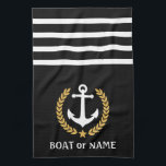 Your Boat Name Anchor Gold Style Laurel Black Tea Towel<br><div class="desc">Personalise your home with kitchen towels displaying your boat name,  family name or other desired text. Featuring a custom designed nautical boat anchor,  gold style laurel leaves and star emblem on black or easily adjust the primary colour to match your current theme.</div>