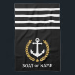 Your Boat Name Anchor Gold Style Laurel Black Tea Towel<br><div class="desc">Personalise your home with kitchen towels displaying your boat name,  family name or other desired text. Featuring a custom designed nautical boat anchor,  gold style laurel leaves and star emblem on black or easily adjust the primary colour to match your current theme.</div>