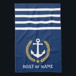 Your Boat Name Anchor Gold Style Laurel Blue Tea Towel<br><div class="desc">Personalise your home with kitchen towels displaying your boat name,  family name or other desired text. Featuring a custom designed nautical boat anchor,  gold style laurel leaves and star emblem on navy blue or easily adjust the primary colour to match your current theme.</div>