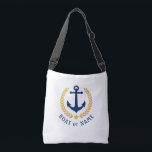 Your Boat Name Anchor Gold Style Laurel white Crossbody Bag<br><div class="desc">A stylish cross-body tote bag with your personalised name, boat name or other desired text. Features a custom designed nautical boat anchor with gold style laurel leaves and star on white. Easily customise the base colour to match your current decor or theme. Reusable and great for vacation, shopping and travelling....</div>
