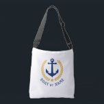 Your Boat Name Anchor Gold Style Laurel white Crossbody Bag<br><div class="desc">A stylish cross-body tote bag with your personalised name, boat name or other desired text. Features a custom designed nautical boat anchor with gold style laurel leaves and star on white. Easily customise the base colour to match your current decor or theme. Reusable and great for vacation, shopping and travelling....</div>