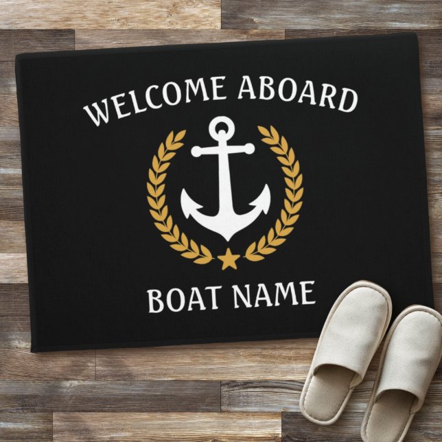 Your Boat Name Anchor Laurel Welcome Aboard Black Doormat (Creator Uploaded)