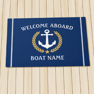 Your Boat Name Anchor Laurel Welcome Aboard Navy Doormat