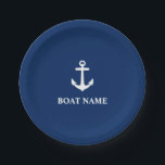 Your Boat Name Anchor Navy Blue 7" Paper Plate<br><div class="desc">Your Boat Name Navy Blue and White Anchor Paper Plate</div>