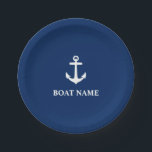 Your Boat Name Anchor Navy Blue 7" Paper Plate<br><div class="desc">Your Boat Name Navy Blue and White Anchor Paper Plate</div>
