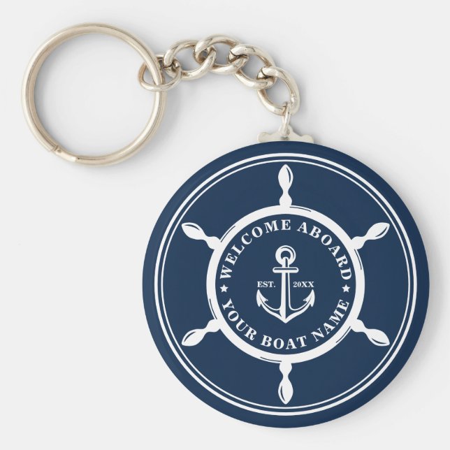 Your Boat Name Anchor Navy Blue Custom Key Ring (Front)