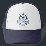 Your Boat Name Anchor Oars Helm Stars in Navy Blue Trucker Hat<br><div class="desc">Nautical Anchor Oars,  Ships wheel Helm and Stars with Your Personalised Boat Name or other Text on a Stylish Trucker Hat.</div>