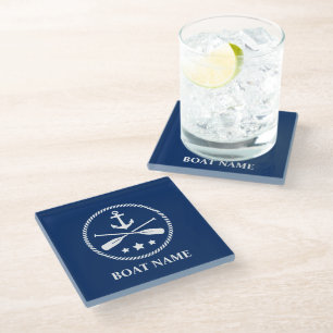 Your Boat Name & Anchor Oars & Stars Glass Coaster