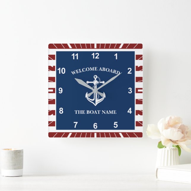 Your Boat Name Anchor Square Wall Clock (Home)