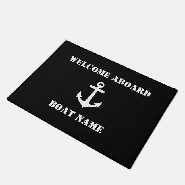 Your Boat Name Anchor Welcome Aboard Black Doormat (Angled)
