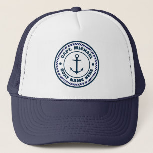 Your Boat Name Anchor Welcome Aboard Blue white Trucker Hat
