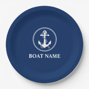 Your Boat Name Anchor With Rope Navy Blue 9" Paper Plate