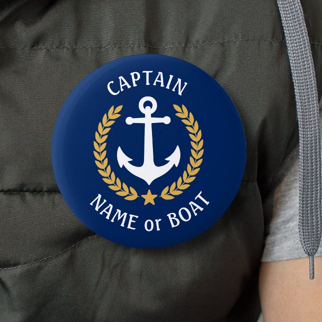 Your Boat Name Captain Anchor Gold Laurel Navy 6 Cm Round Badge (Several sizes and shapes to choose from.)