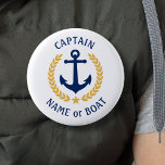 Your Boat Name Captain Anchor Gold Laurel White<br><div class="desc">A Personalized Button with your boat name, family name or other desired text and Captain title or other rank as needed. Featuring a custom designed nautical boat anchor, gold style laurel leaves and star emblem on white or easily adjust the primary color to match your current theme. Makes a great...</div>