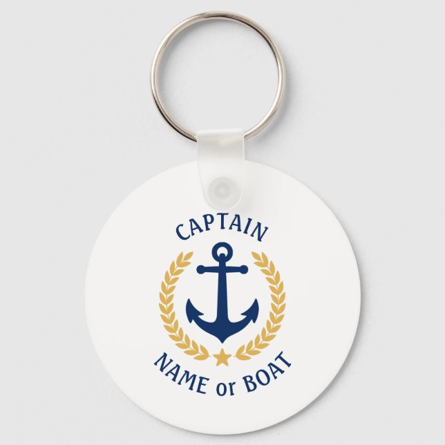 Your Boat Name Captain Anchor Gold Laurel White Key Ring (Front)