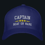 Your Boat Name Captain Nautical Stars Royal Blue Embroidered Hat<br><div class="desc">Sail in style with a personalised royal blue embroidered hat featuring your Captain rank or other title,  your Name or Boat Name and stars. Several cap and thread colours to choose from. Makes a great custom gift for Fathers day,  Mothers day or any occasion.</div>