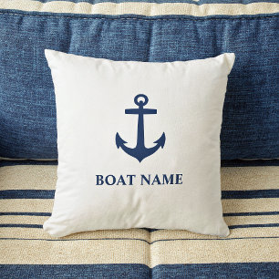 Your Boat Name Classic Anchor Navy Blue and White Cushion