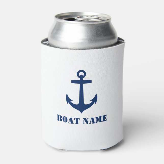 Your Boat Name Classic Anchor Navy Blue & White Can Cooler (Can Front)