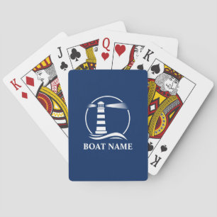 Your Boat Name Classic Lighthouse Navy Blue Playing Cards