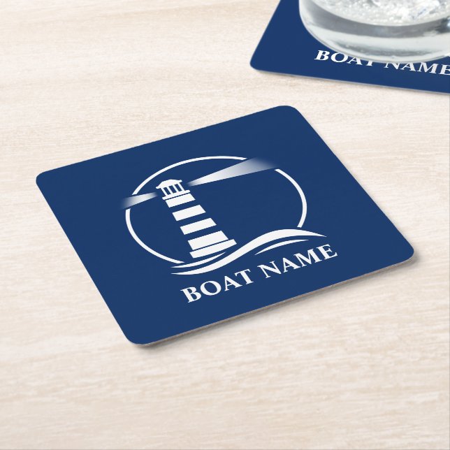 Your Boat Name Classic Lighthouse Navy Blue Square Paper Coaster (Angled)