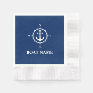 Your Boat Name Compass Anchor Blue Cocktail Napkin