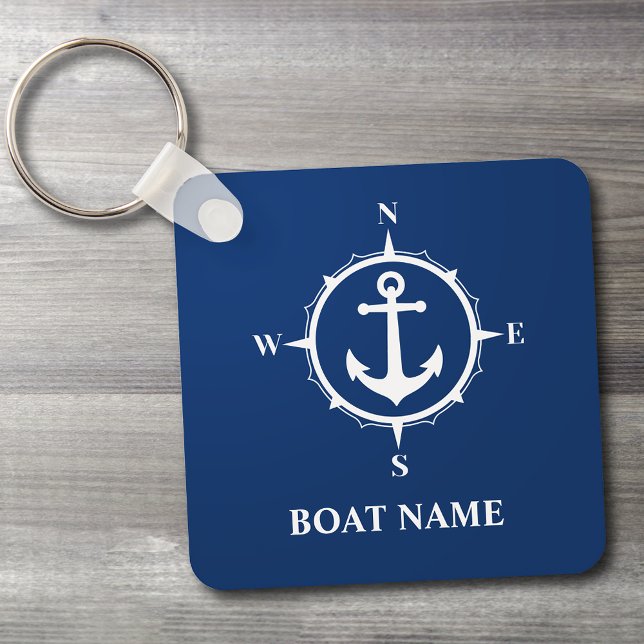 Your Boat Name Compass Anchor Blue Key Ring (Edit the design to change the background color if needed.)