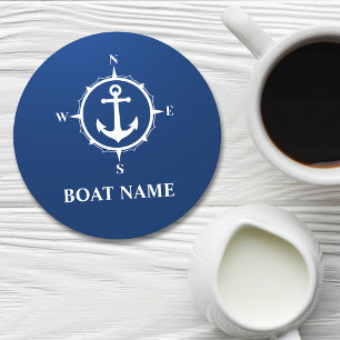 Your Boat Name Compass Anchor Blue Round Paper Coaster
