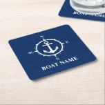 Your Boat Name Compass Anchor Blue Square Paper Coaster<br><div class="desc">Your Boat Name Compass Anchor Blue Coaster Square</div>