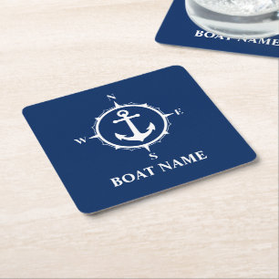 Your Boat Name Compass Anchor Blue Square Paper Coaster