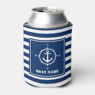 Your Boat Name Compass Anchor Blue Striped Can Cooler