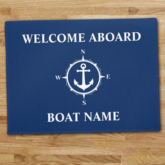 Your Boat Name Compass Anchor Blue Welcome Aboard Doormat (Creator Uploaded)