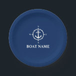 Your Boat Name Compass Anchor Navy Blue 7" Paper Plate<br><div class="desc">Your Boat Name Navy Blue and White Compass Anchor Paper Plate</div>
