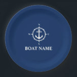 Your Boat Name Compass Anchor Navy Blue 9" Paper Plate<br><div class="desc">Your Boat Name Navy Blue and White Compass Anchor Paper Plate</div>