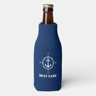 Your Boat Name Compass Anchor Navy Blue Bottle Cooler