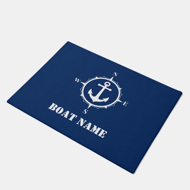 Your Boat Name Compass Anchor Navy Blue Doormat (Angled)