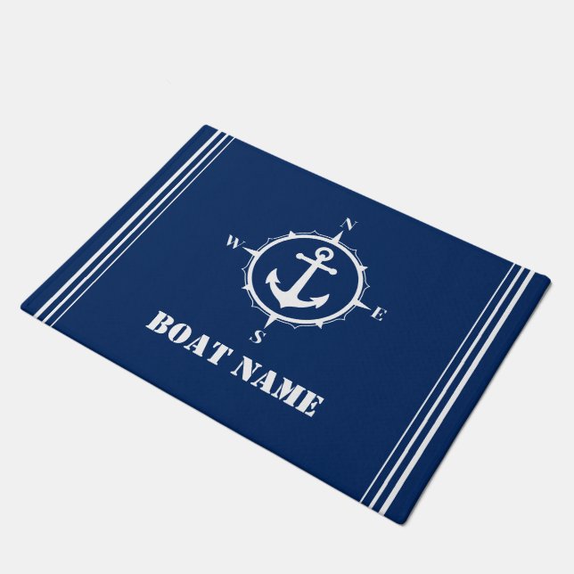 Your Boat Name Compass Anchor Navy Blue Entry Doormat (Angled)