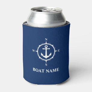 Your Boat Name Compass Anchor Navy Can Cooler