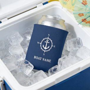 Your Boat Name Compass Anchor Navy Can Cooler