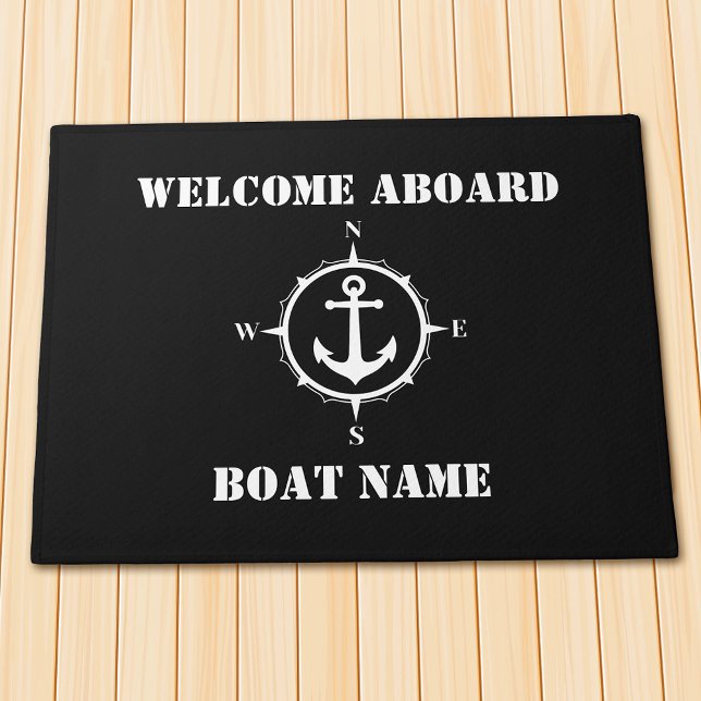 Your Boat Name Compass Anchor Welcome Aboard Black Doormat (Several sizes to choose from.)