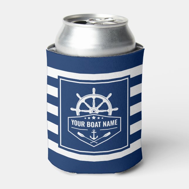 Your Boat Name Nautical Anchor Oars Helm Navy Blue Can Cooler (Can Front)