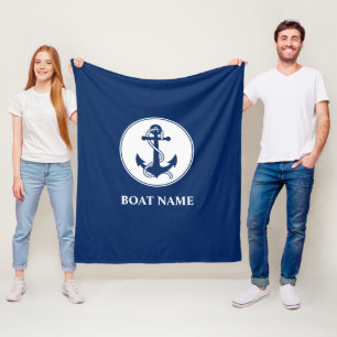 Your Boat Name Nautical Anchor Rope Navy Blue Fleece Blanket