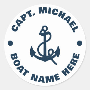 Your Boat Name Nautical Blue white Anchor Captain  Classic Round Sticker