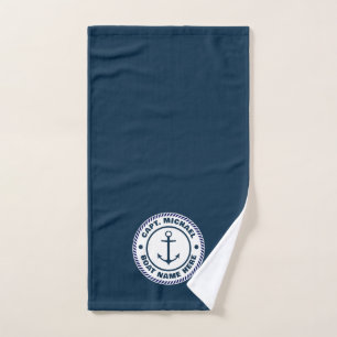 Your Boat Name Nautical Blue white Anchor Captain Hand Towel