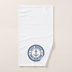Your Boat Name Nautical Blue white Anchor Captain Hand Towel