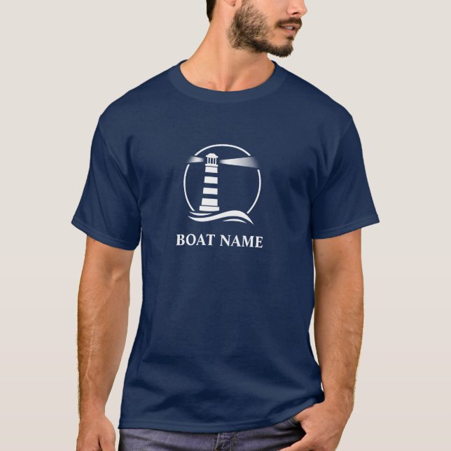 Your Boat Name Nautical Classic Lighthouse Navy T-Shirt (Front)