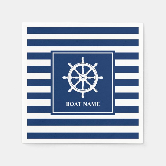 Your Boat Name Nautical Ships Wheel Helm Striped Napkin (Front)