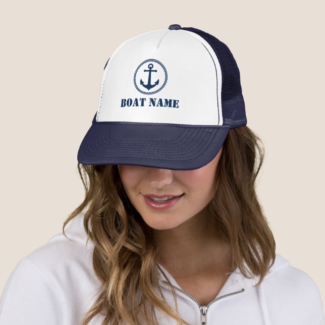 Your Boat Name Navy White Sea Anchor Trucker Hat (In Situ)